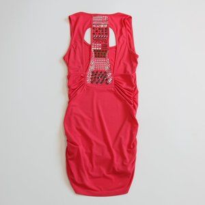 Grass Collection Beaded Bodycon Dress Cutout Back Ruche Scoop Neck Sleeveless